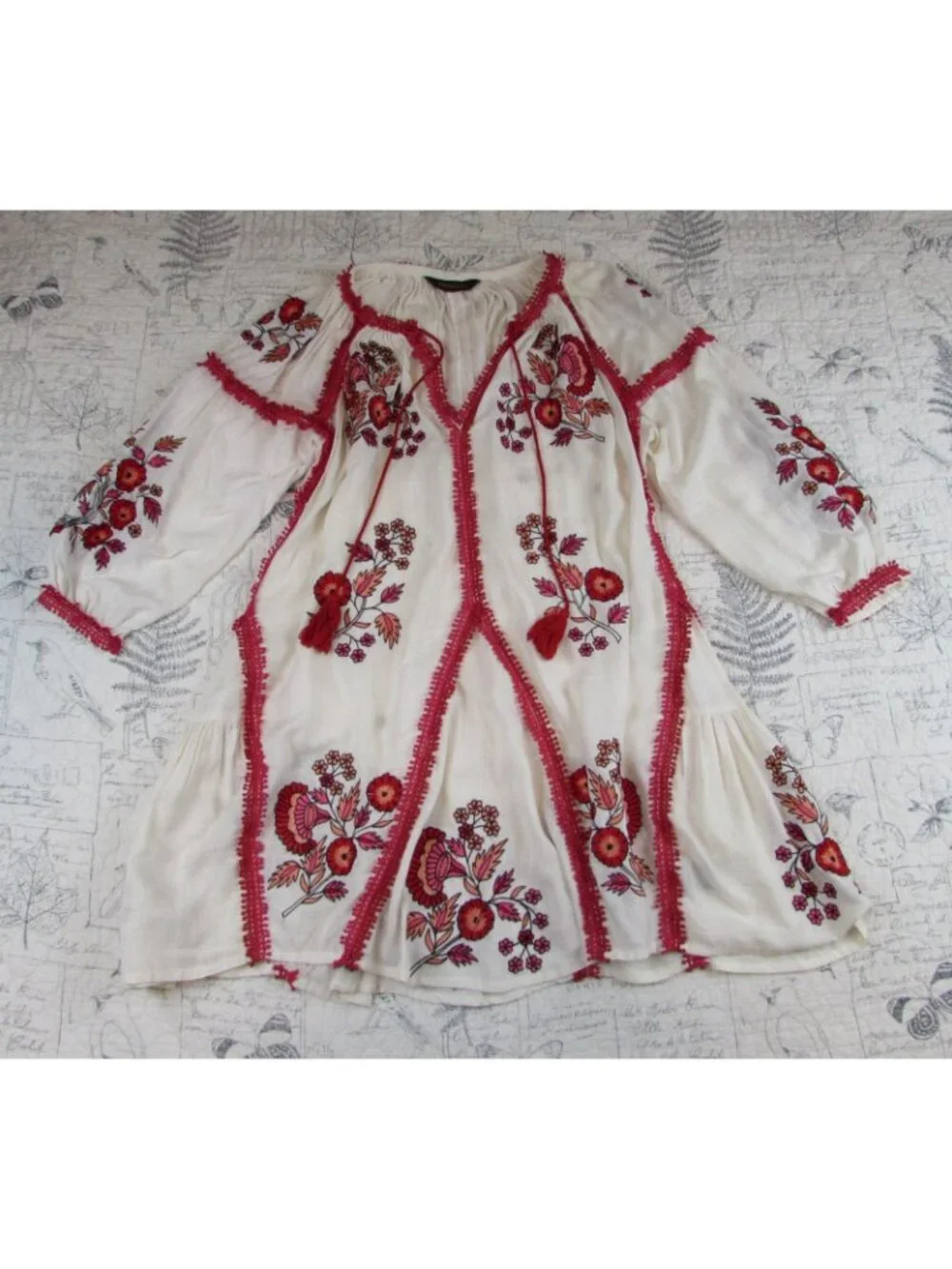 Anthropologie Ranna Gill, Hadley Embroidered Tunic DRESS Ivory, Red Floral, Sz L - Picture 2 of 8